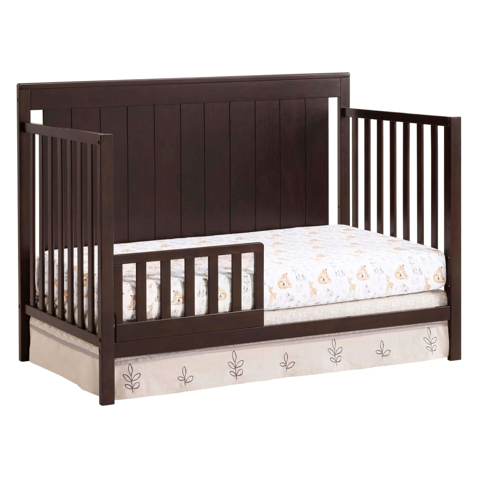 Lazio 4-in-1 Convertible Crib - Inclined Side View of Lazio 4-in-1 Convertible Espresso with Guard Rail