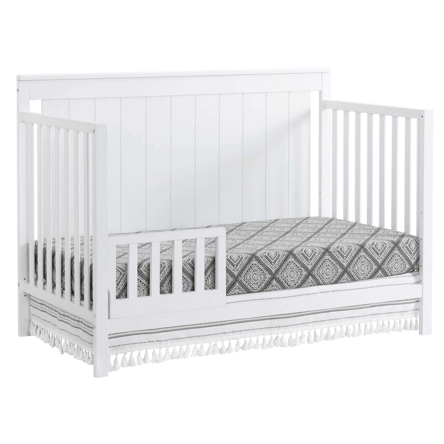 Lazio 4-in-1 Convertible Crib - Inclined Side View of Lazio 4-in-1 Convertible Crib Snow White with Guard Rail
