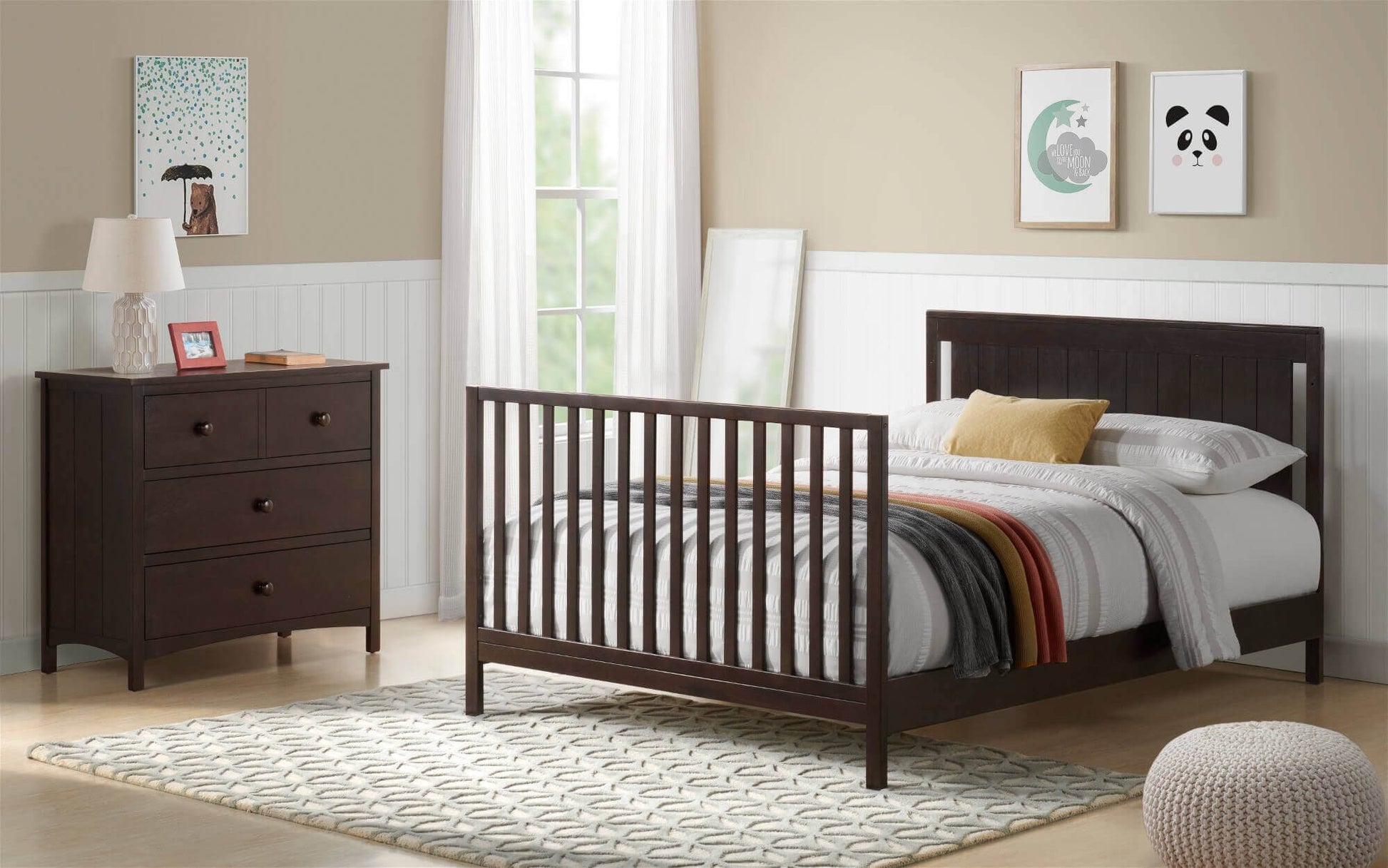 Lazio 4-in-1 Convertible Crib - Lifestyle Image Inclined Side View of Lazio Full Sized Bed Espresso