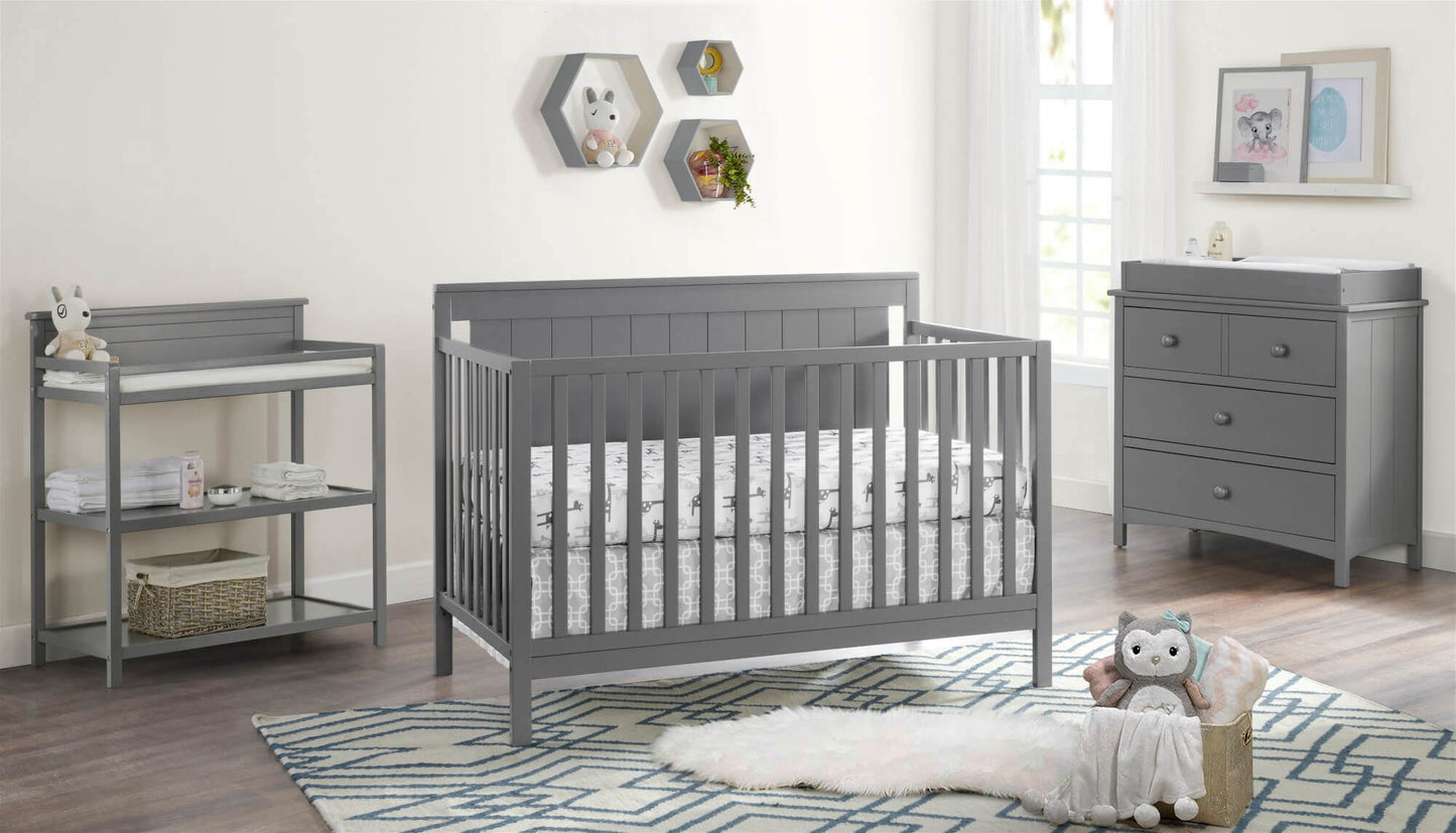 Lazio 4-in-1 Convertible Crib - Lifestyle Image Inclined Side View of Lazio 4-in-1 Convertible Crib Dove Gray