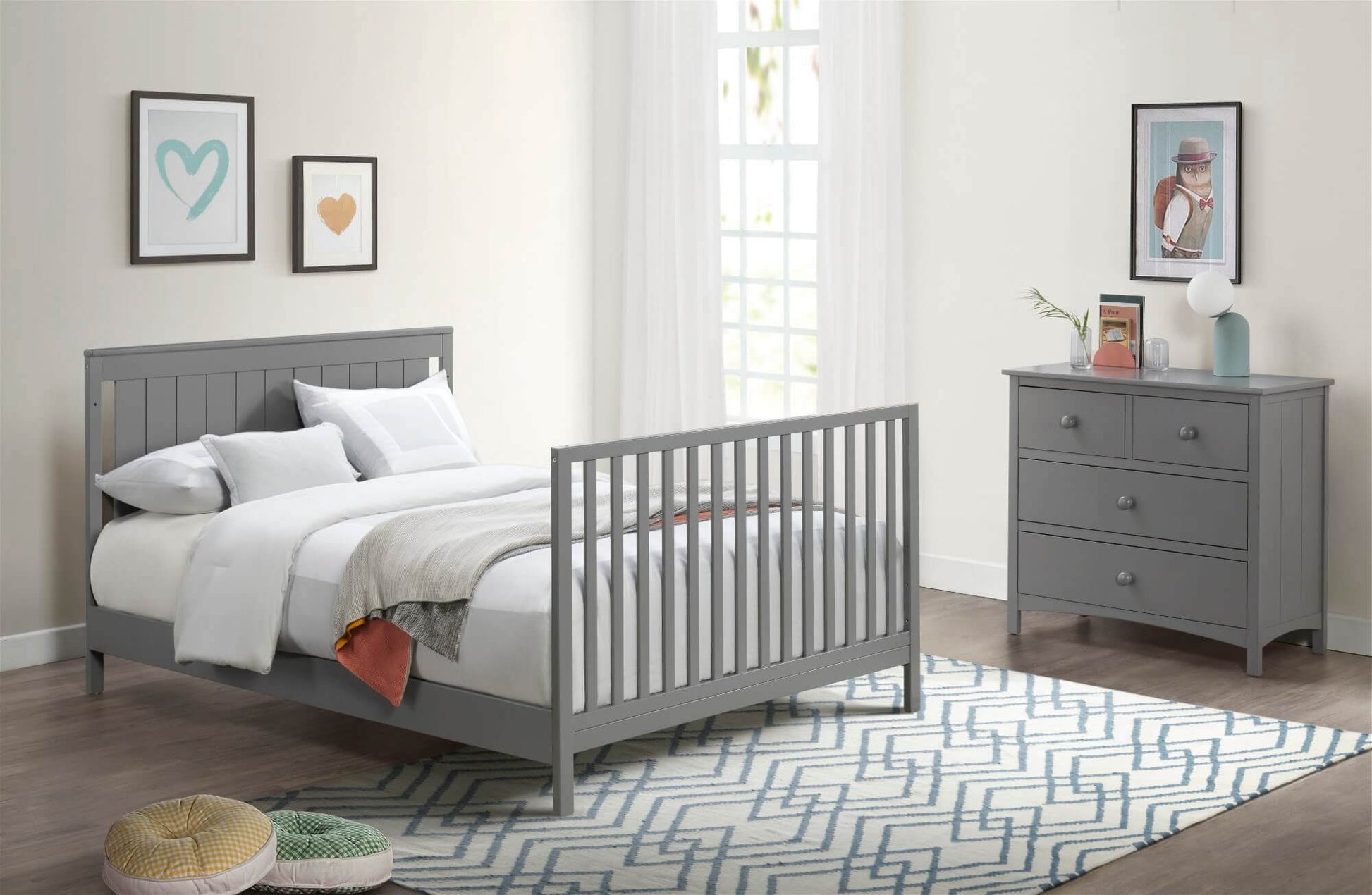 Lazio 4-in-1 Convertible Crib - Lifestyle Image Inclined Side View of Lazio Full Sized Bed Dove Gray