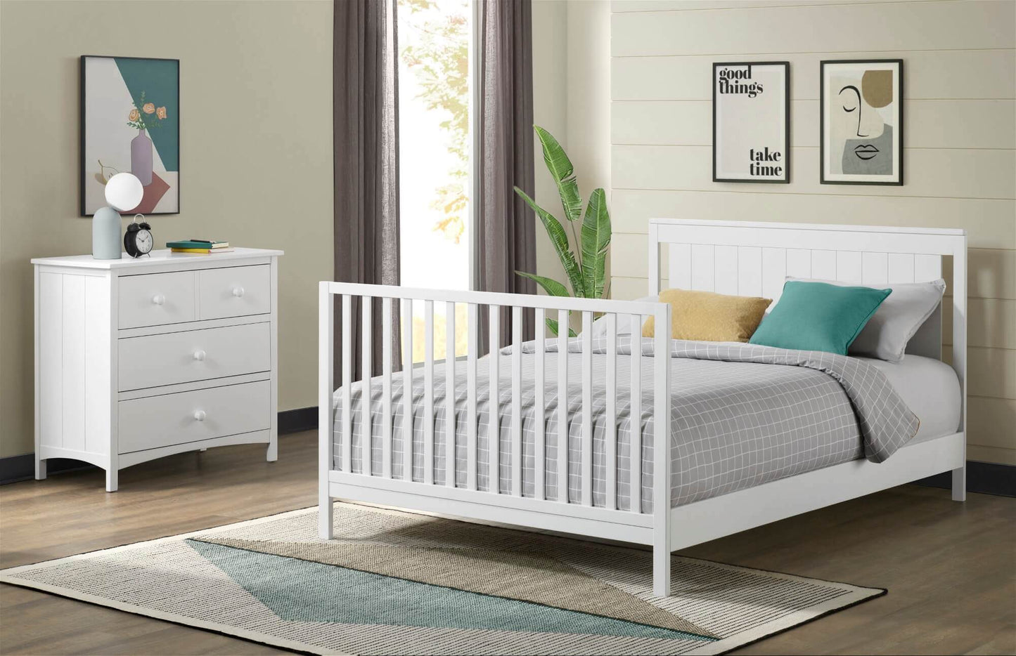 Lazio 4-in-1 Convertible Crib - Lifestyle Image Inclined Side View of Lazio Full Sized Bed Snow White