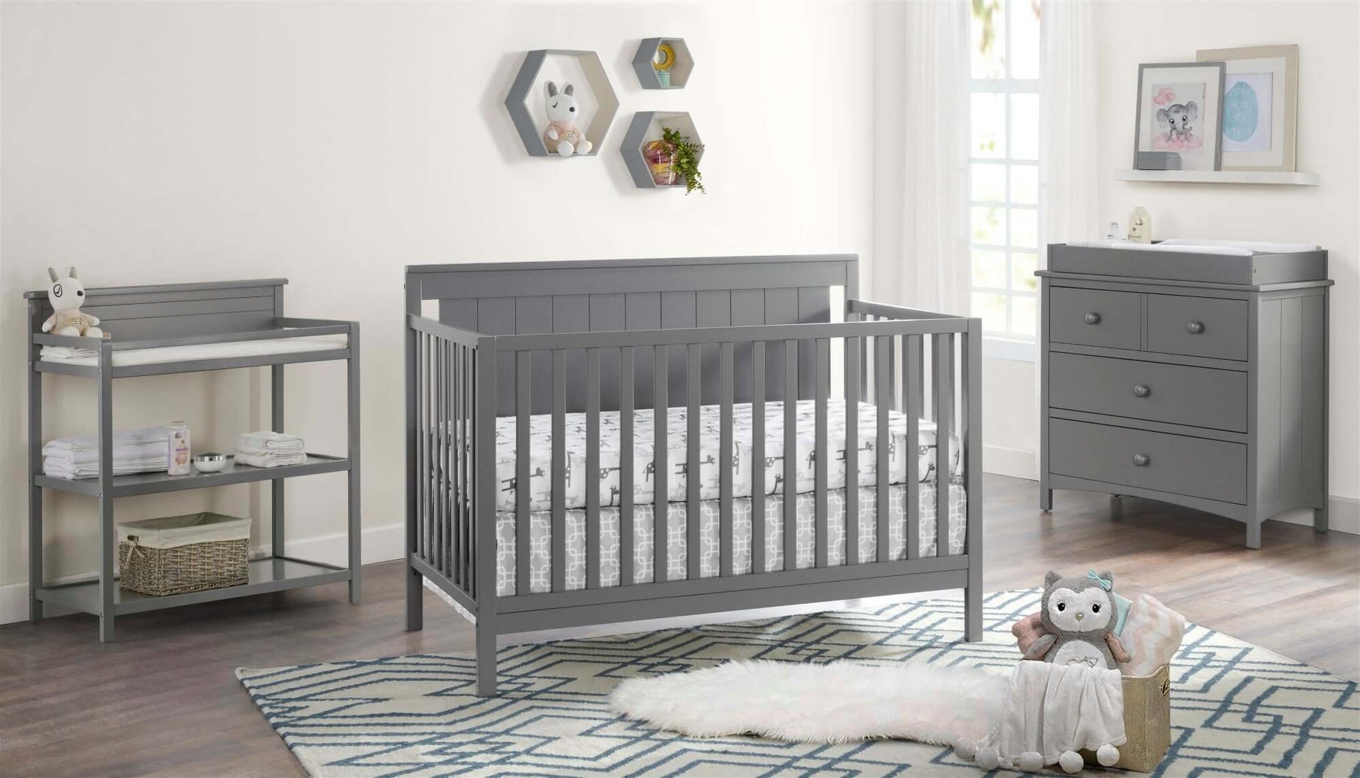 Lazio Guard Rail - Lifestyle Image Inclined Side View of Lazio Convertible Crib Gray