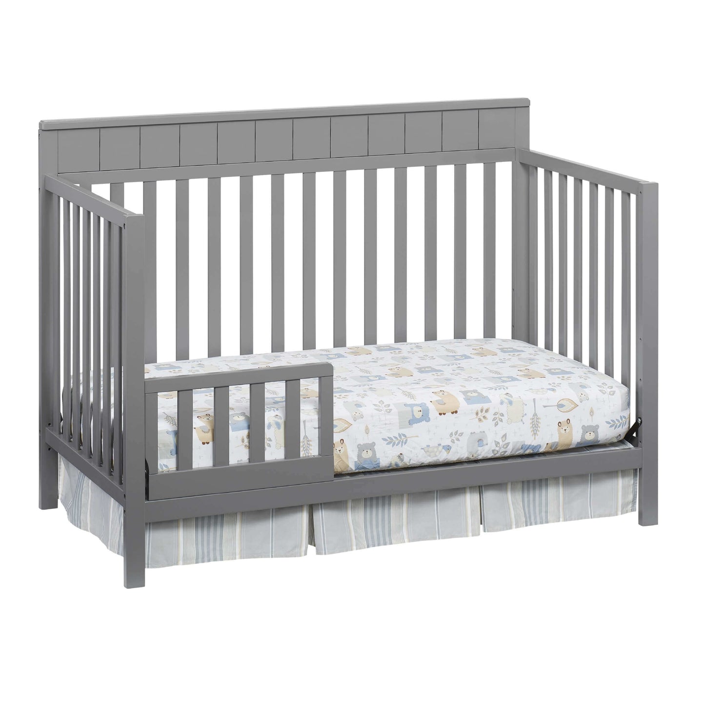 Logan 4-in-1 Convertible Crib - Inclined Side View of Logan 4-in-1 Convertible Crib Dove Gray with Guard Rail