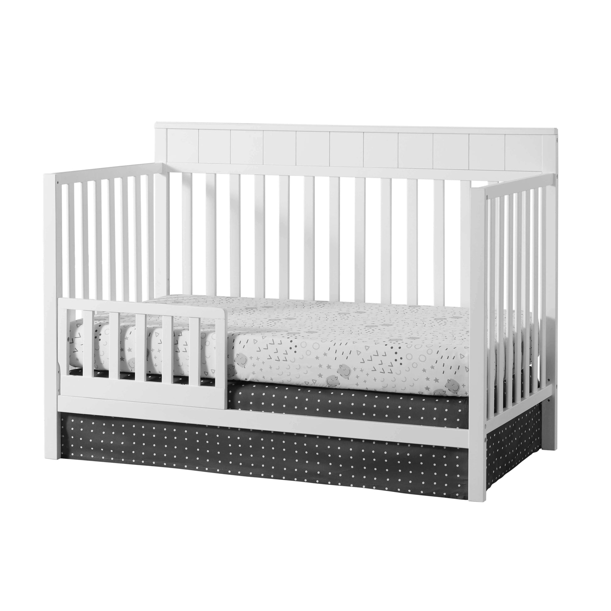 Logan 4-in-1 Convertible Crib - Inclined Side View of Logan 4-in-1 Convertible Crib Snow White with Guard Rail