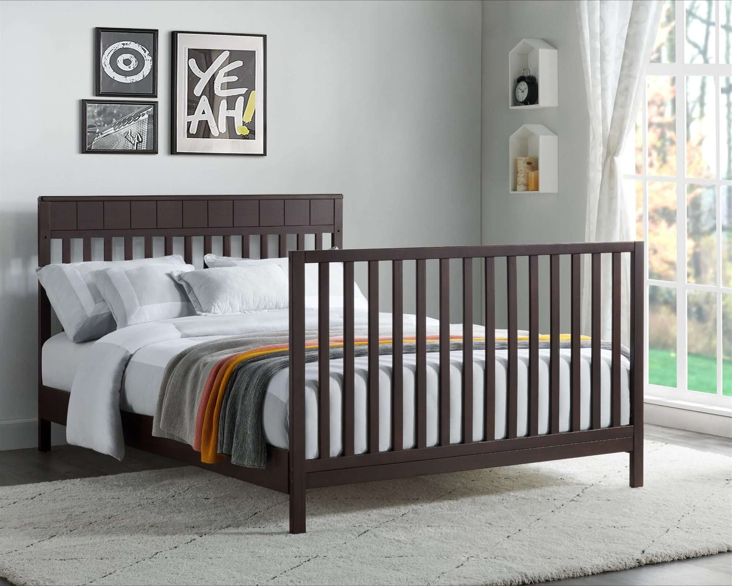 Logan 4-in-1 Convertible Crib - Lifestyle Image Inclined Side View of Logan Full Sized Bed Espresso
