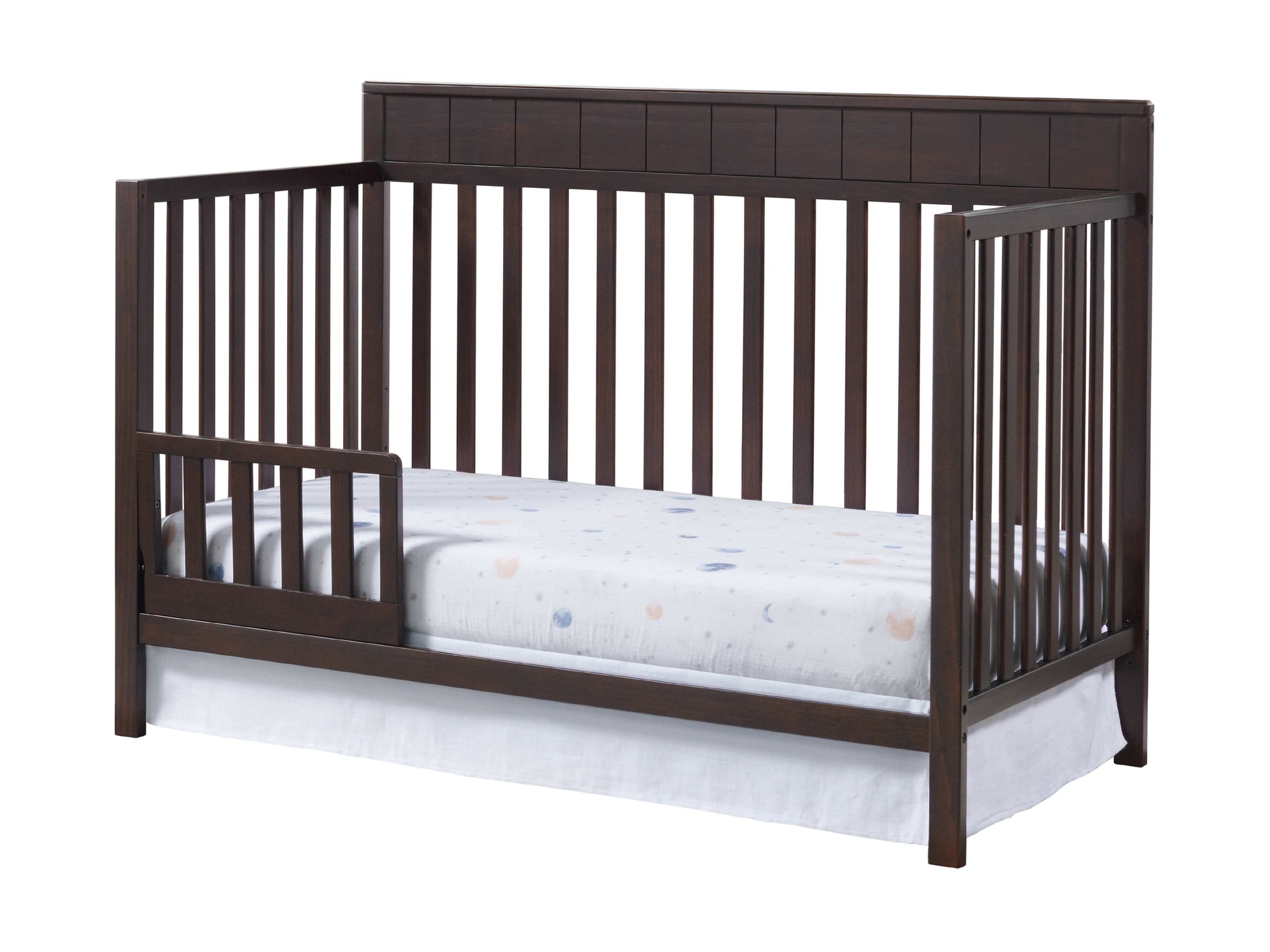 Logan 4-in-1 Convertible Crib - Inclined Side View of Logan 4-in-1 Convertible Crib Espresso with Guard Rail