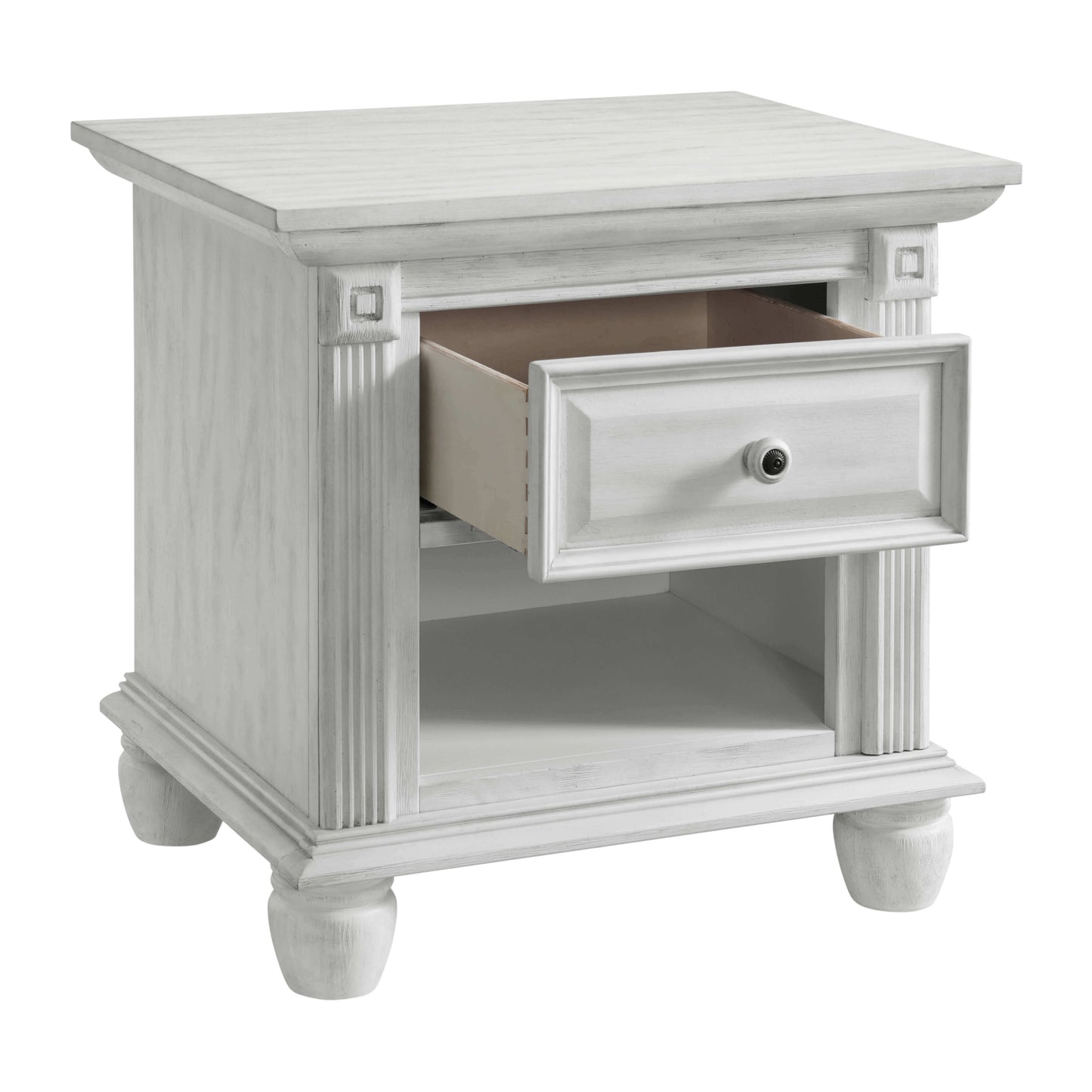 London Lane 1-Drawer Nightstand - Inclined Side View of Open Drawer London Lane 1-Drawer Nightstand Vintage White