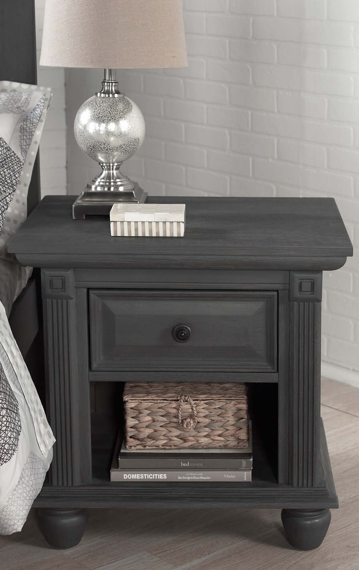 London Lane 1-Drawer Nightstand - Lifestyle Image of London Lane 1-Drawer Nightstand Arctic Gray