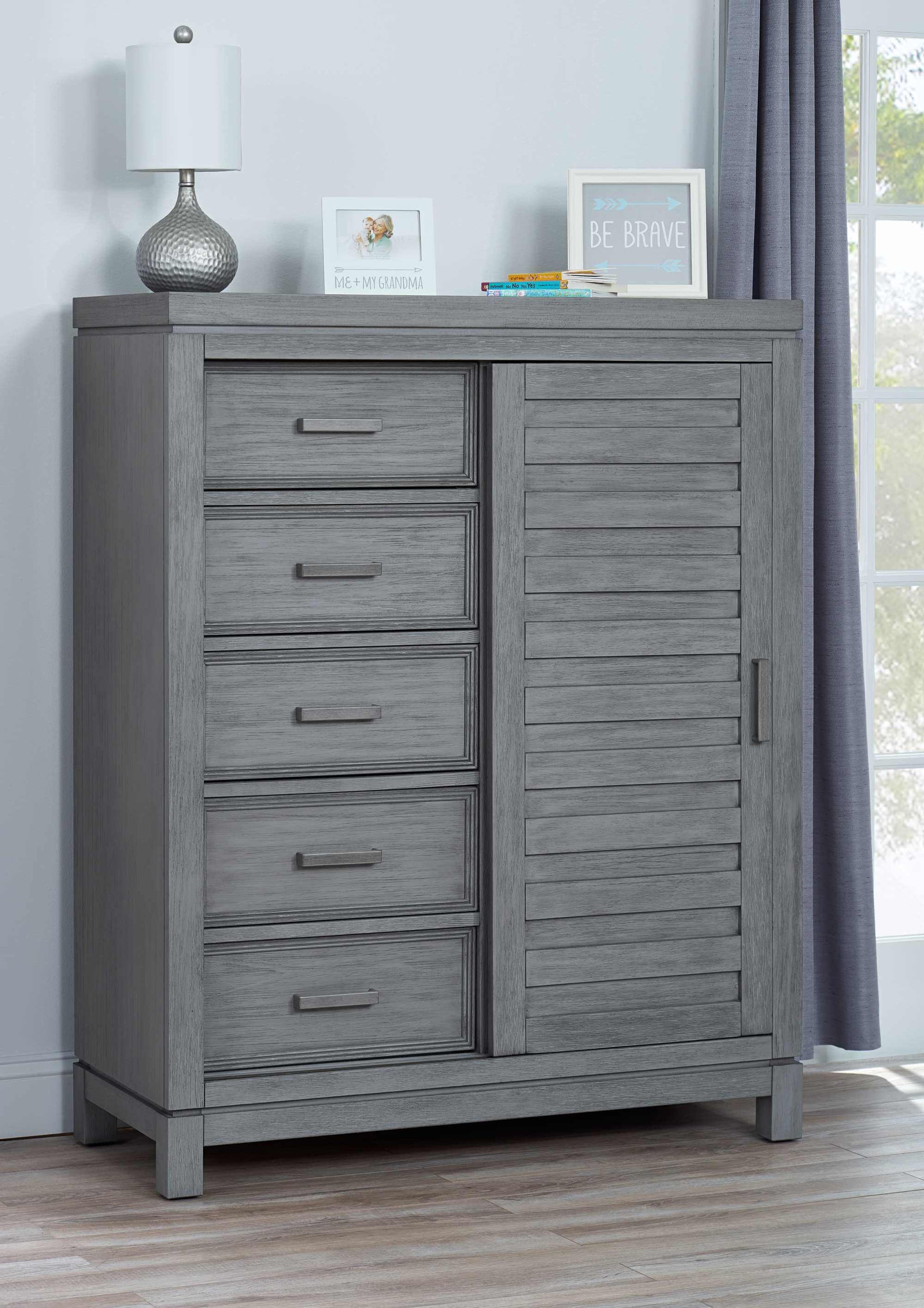 Manchester Chifferobe - Lifestyle Image Inclined Side View of Manchester Chifferobe Rustic Gray