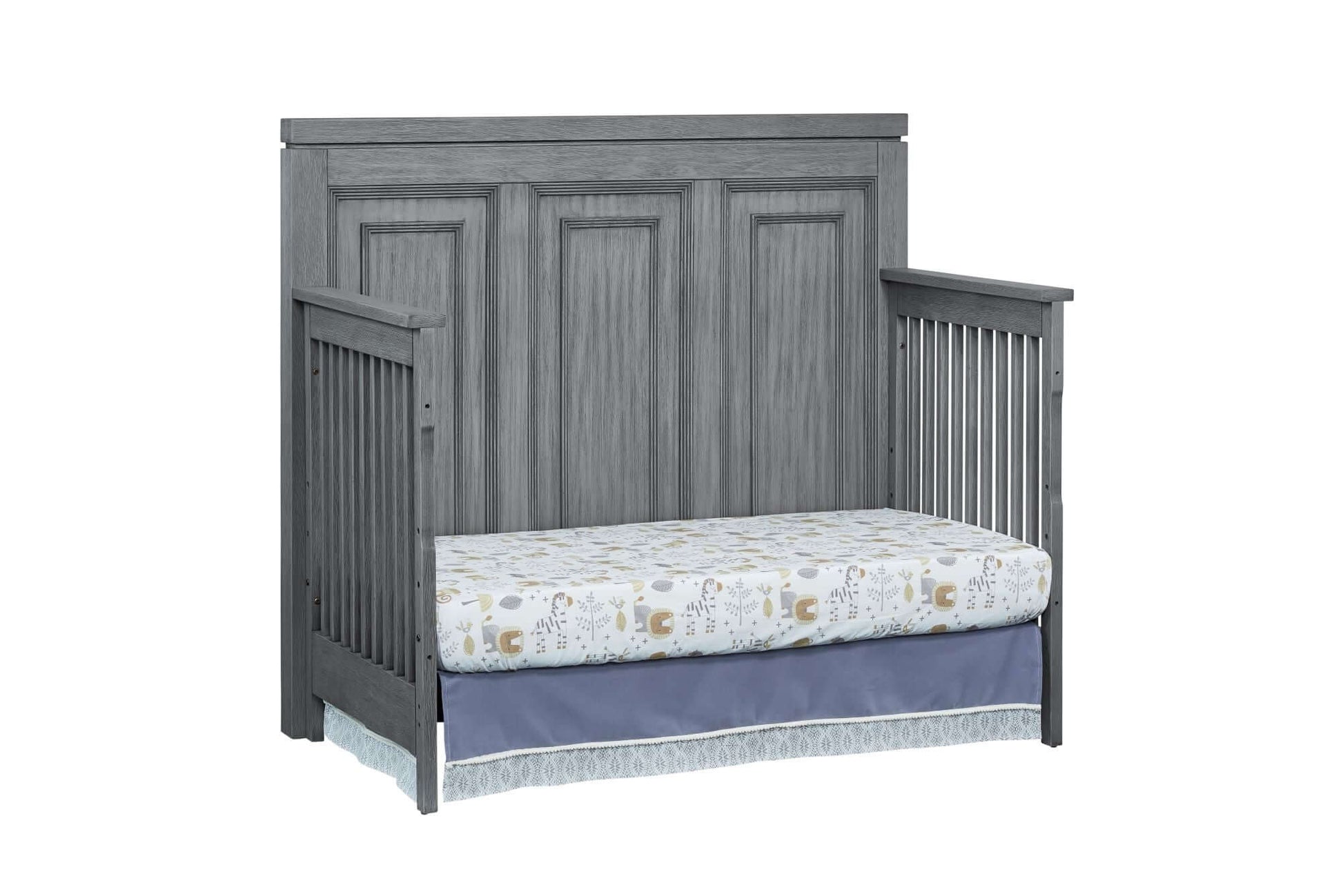 Manchester 4 In 1 Convertible Crib - Inclined Side View of Manchester Daybed Rustic Gray