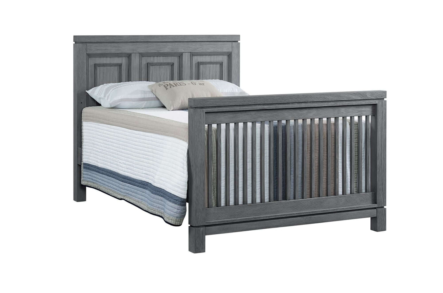 Manchester 4 In 1 Convertible Crib - Inclined Side View of Manchester Full Sized Bed Rustic Gray