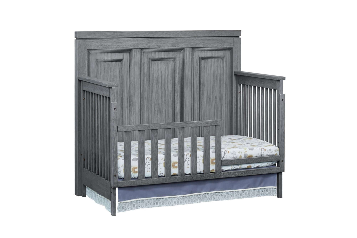Manchester 4 In 1 Convertible Crib - Inclined Side View of Manchester 4 In 1 Convertible Crib Rustic Gray with Guard Rail