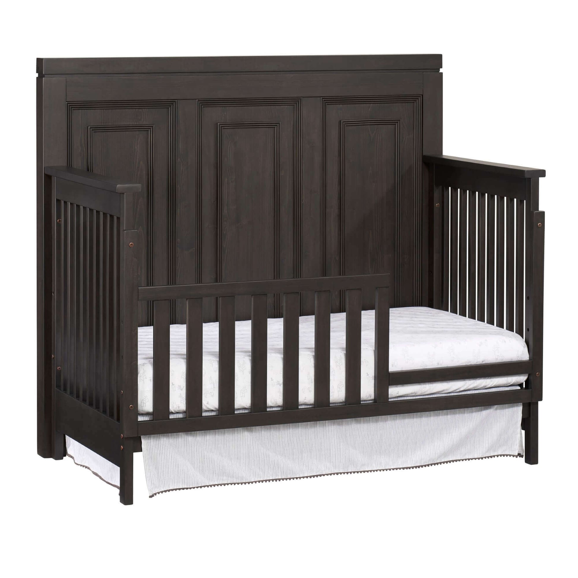 Manchester 4 In 1 Convertible Crib - Inclined Side View of Manchester 4 In 1 Convertible Crib Black Iron with Guard Rail