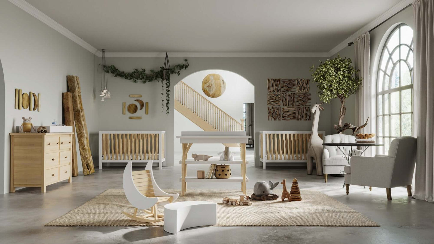 Branch 4 in 1 Convertible Crib - Lifestyle Image of All Branch Products Natural Snow