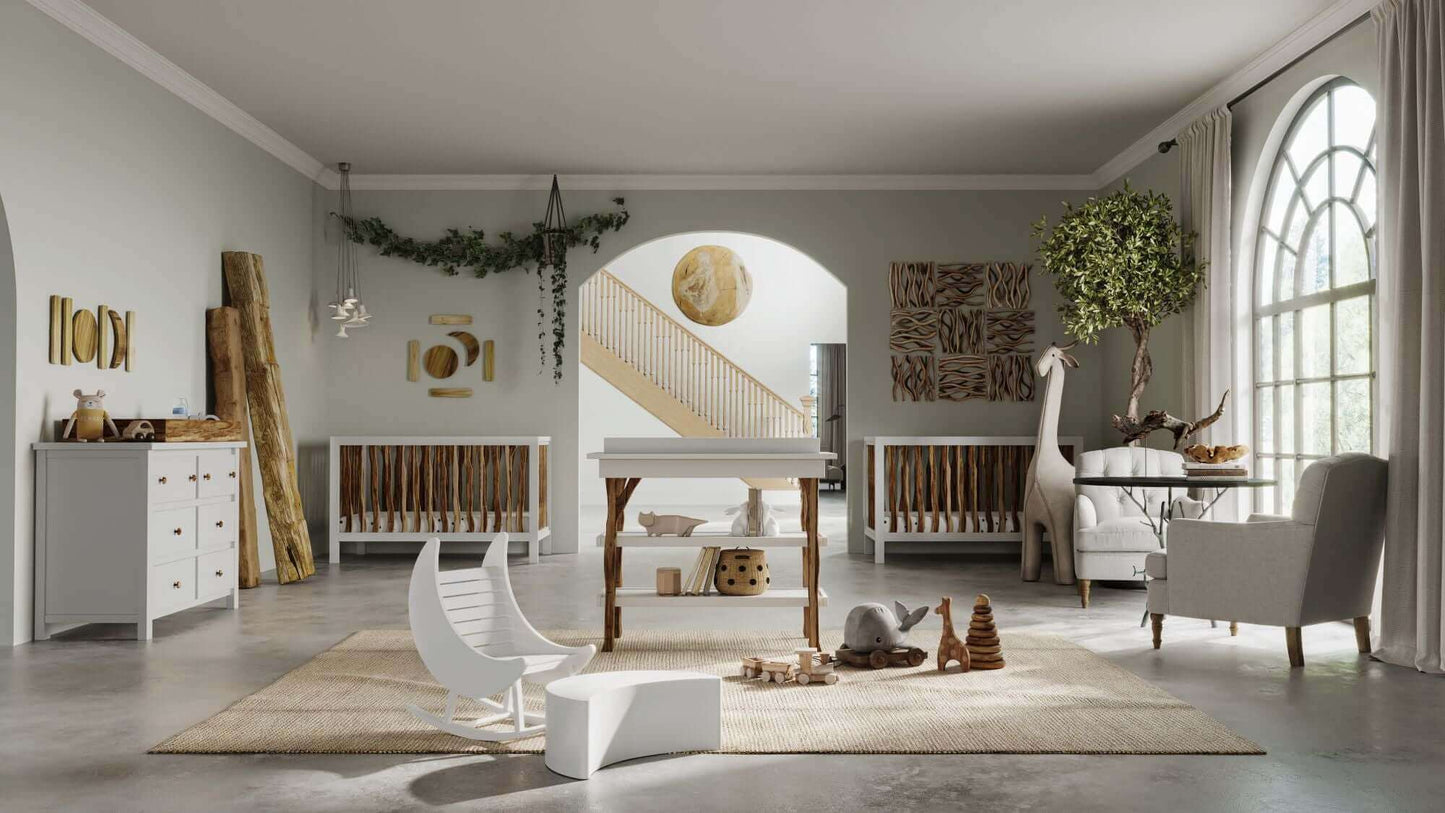 Branch Double Dresser - Lifestyle Image of all Branch Products with Changing Tray Gray