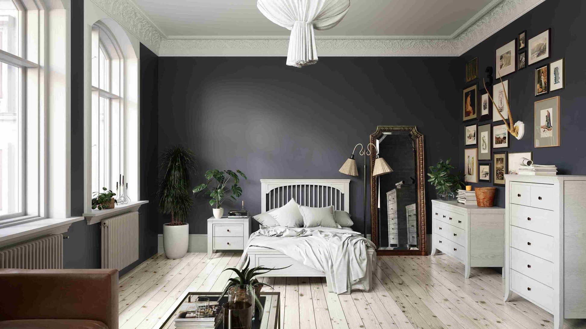 Cameo Oval Convertible Crib - Lifestyle Image Front View of Oval Toddler Bed Steam with other Cameo Products