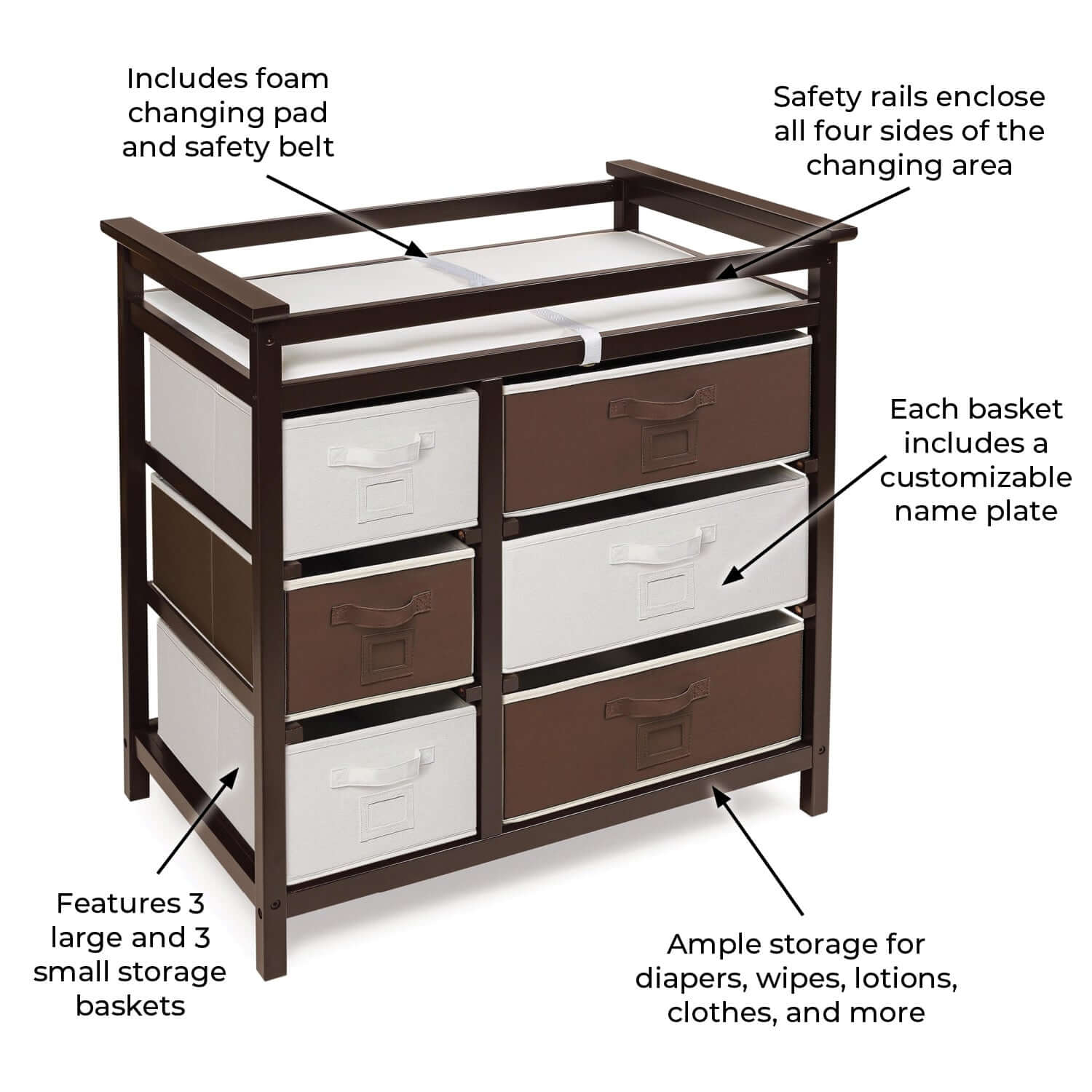 Modern Baby Changing Table with Six Baskets - Dimension Image of Modern Baby Changing Table Espresso with Six Baskets Espresso and White