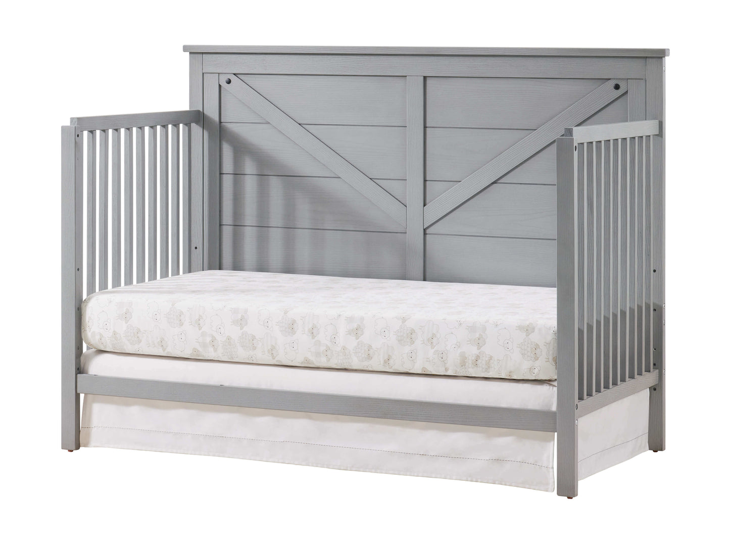 Montauk 4-in-1 Convertible Crib - Inclined Side View of Montauk Daybed Farmhouse Gray