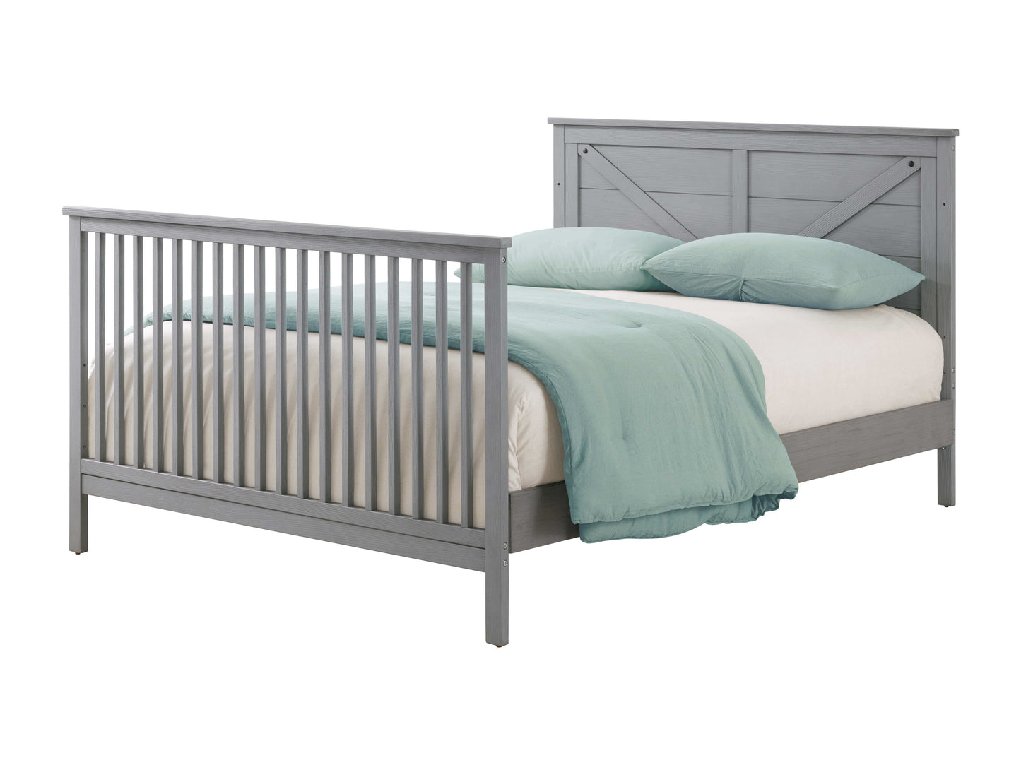 Montauk 4-in-1 Convertible Crib - Inclined Side View of Montauk Full Sized Bed Farmhouse Gray