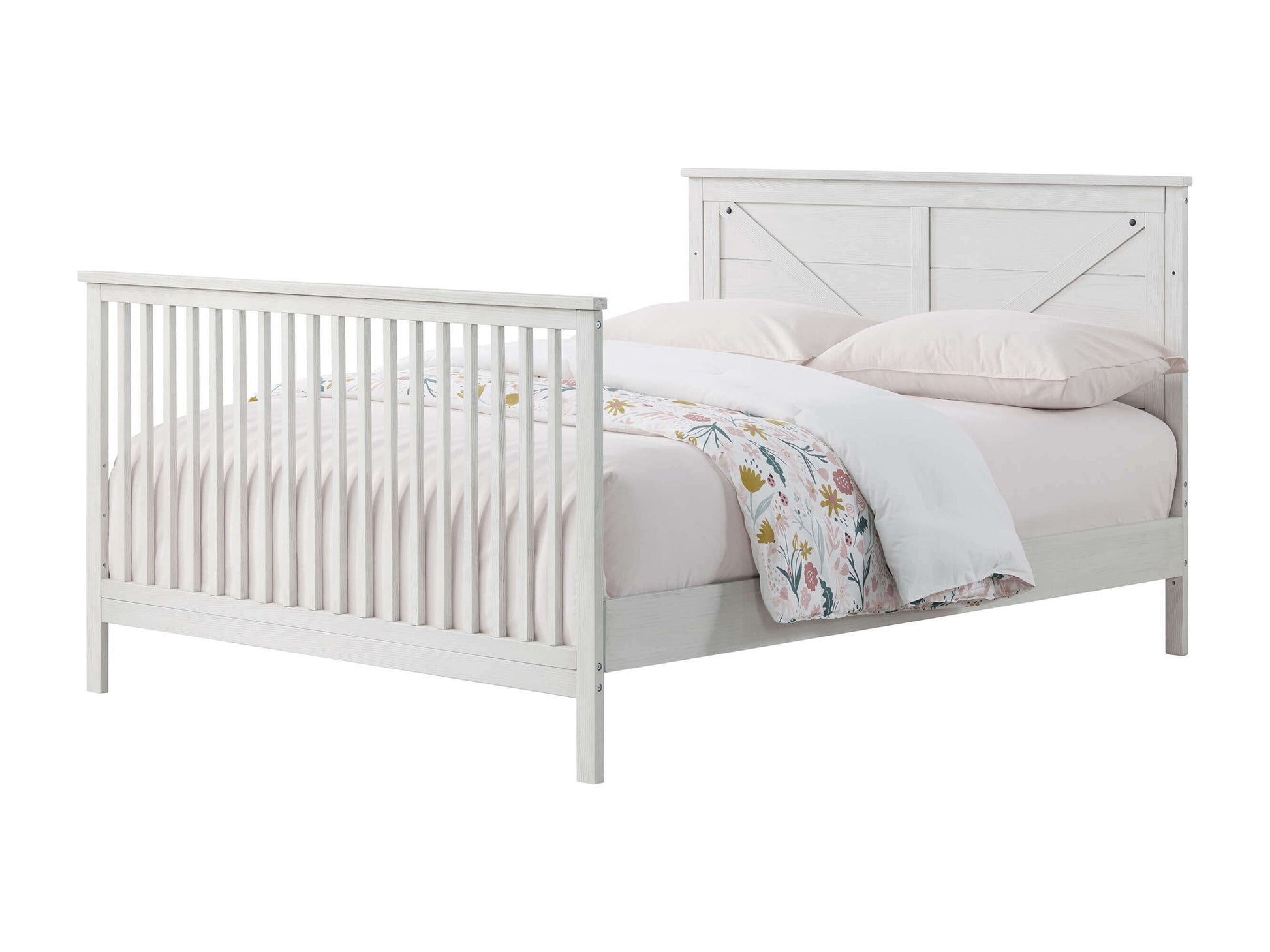 Montauk 4-in-1 Convertible Crib - Inclined Side View of Montauk Full Sized Bed Barn White