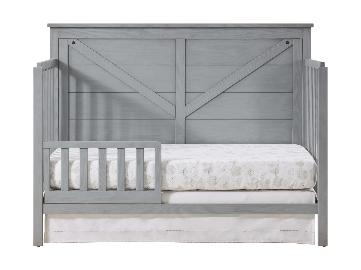 Montauk 4-in-1 Convertible Crib - Front View of Montauk 4-in-1 Convertible Crib Farmhouse Gray with Guard Rail