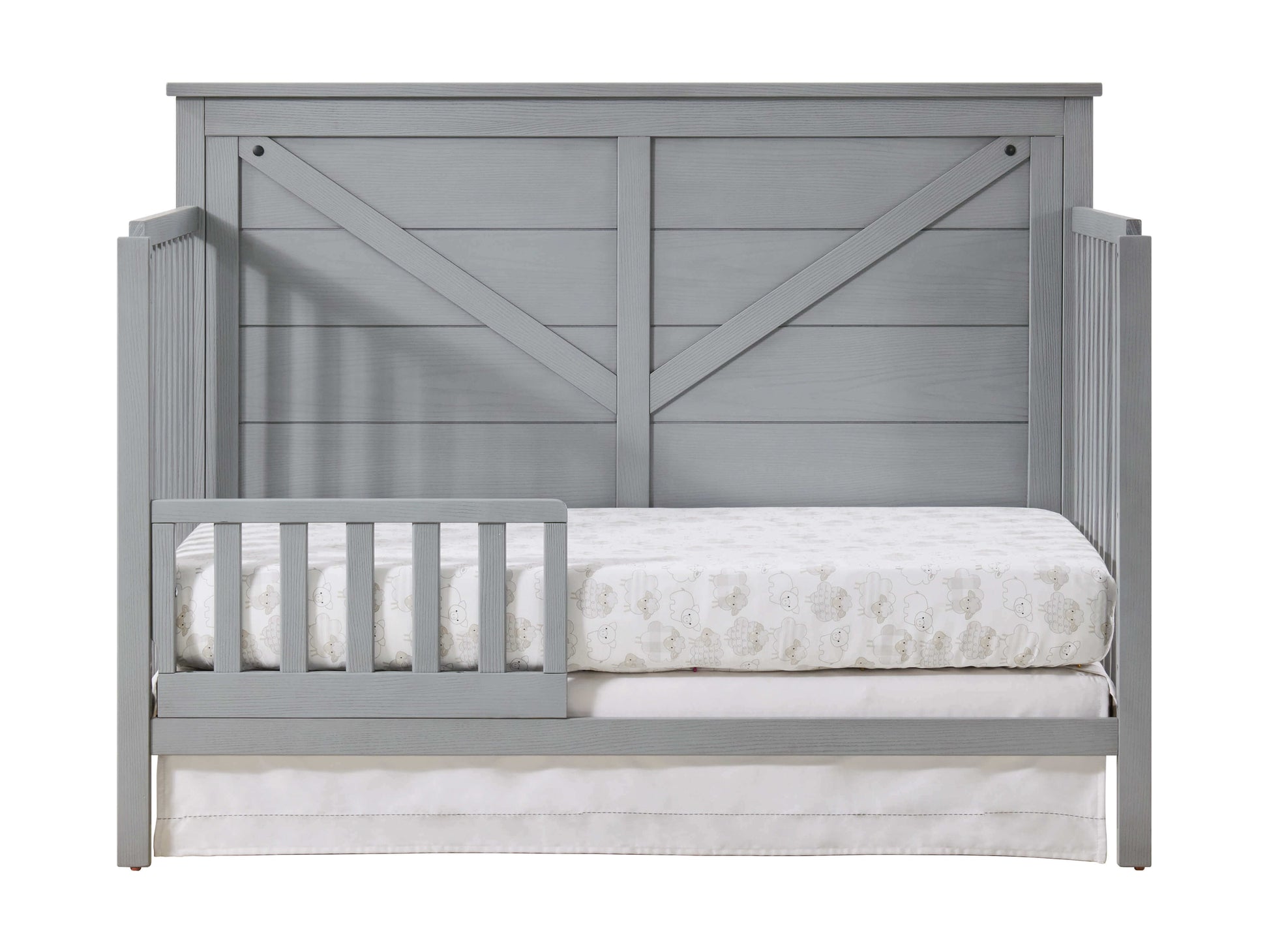Montauk 4-in-1 Convertible Crib - Front View of Montauk 4-in-1 Convertible Crib Farmhouse Gray with Guard Rail