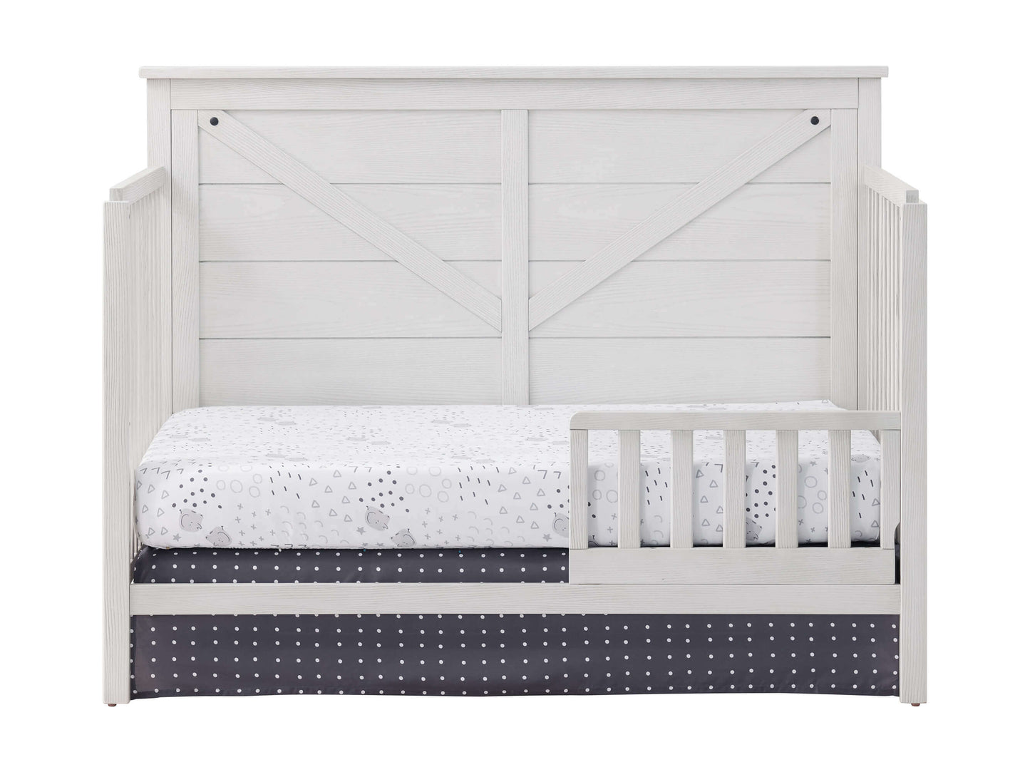 Montauk 4-in-1 Convertible Crib - Front View of Montauk 4-in-1 Convertible Crib Barn White with Guard Rail