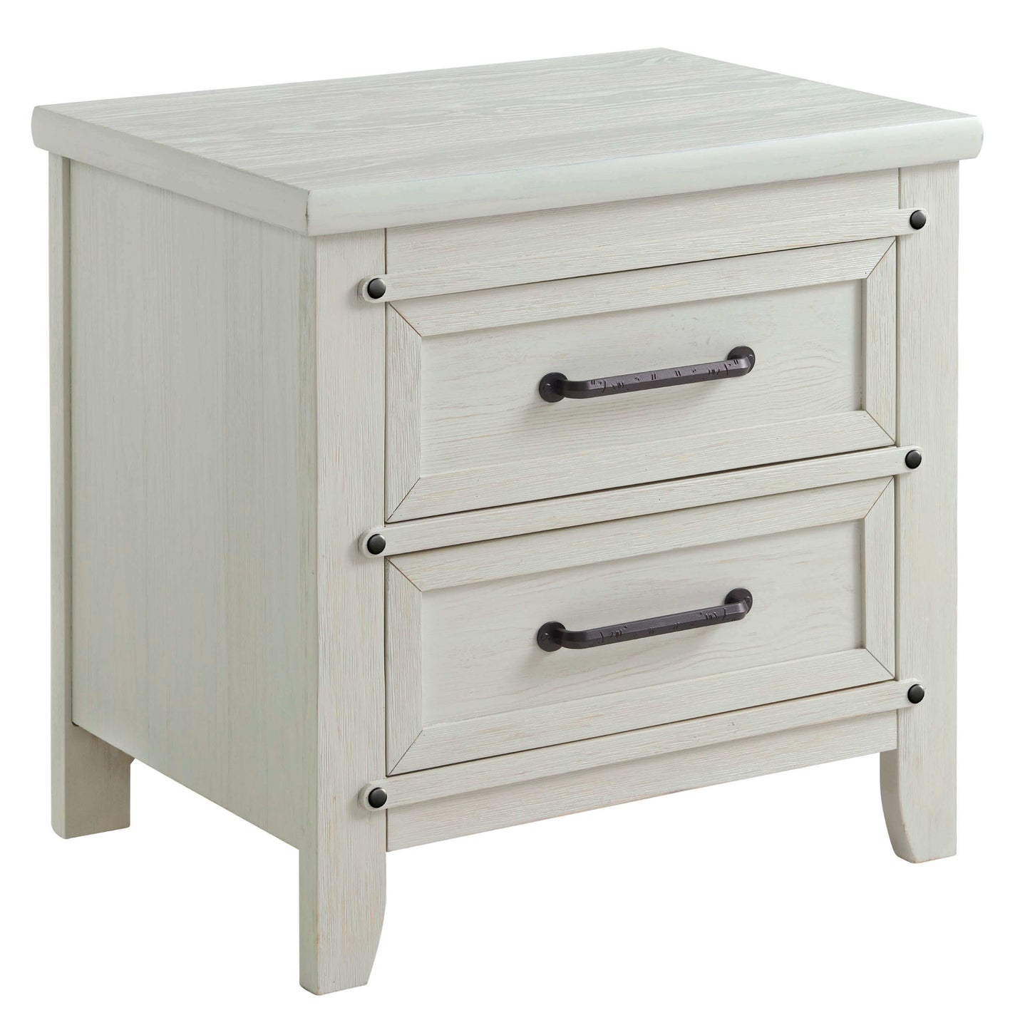 Ellison 2 Drawer Night Stand - Inclined Side View of Ellison 2 Drawer Night Stand Rustic White