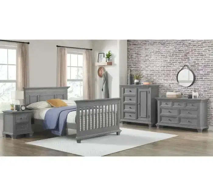 Weston 4 In 1 Convertible Crib - Lifestyle Image Inclined Side View of Weston Full Sized Bed Graphite Gray