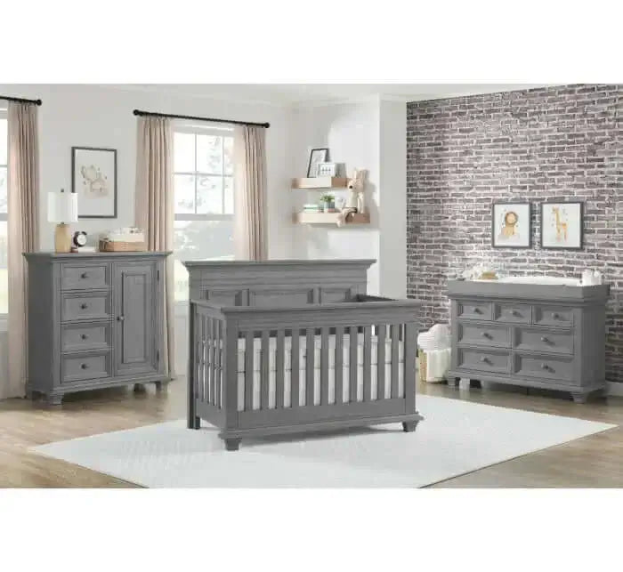 Weston 4 In 1 Convertible Crib - Lifestyle Image Inclined Side View of Weston 4 In 1 Convertible Crib Graphite Gray