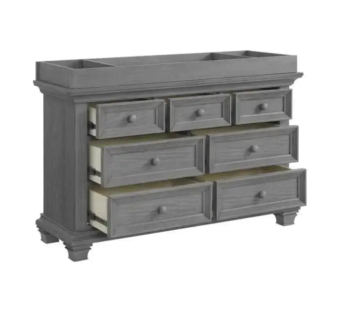 Weston 7 Drawer Dresser - Inclined Side View of Open Drawer Weston 7 Drawer Dresser Dusk Gray with Changing Topper