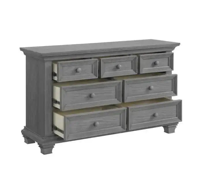 Weston 7 Drawer Dresser - Inclined Side View of Open Drawer Weston 7 Drawer Dresser Dusk Gray