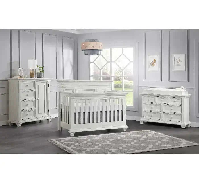 Weston Chifferobe - Lifestyle Image Inclined Side View of Weston Chifferobe Vintage White with Convertible Crib