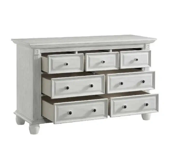 London Lane 7 Drawer Dresser - Inclined Side View of Open Drawer London Lane 7 Drawer Dresser Vintage White