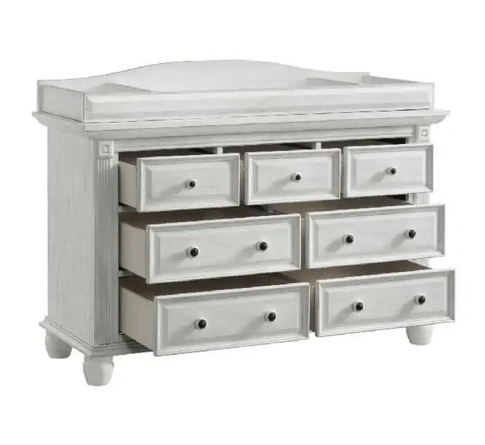London Lane 7 Drawer Dresser - Inclined Side View of Open Drawer London Lane 7 Drawer Dresser Vintage White with Changing Topper
