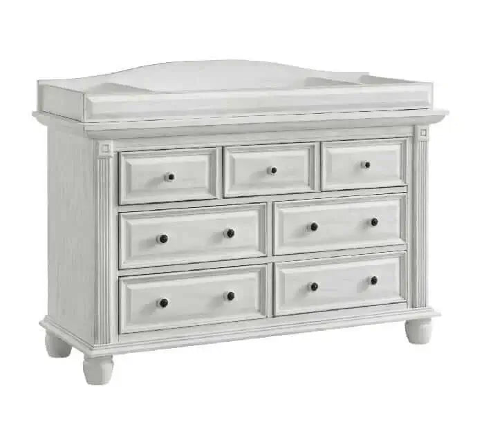 London Lane 7 Drawer Dresser - Inclined Side View of London Lane 7 Drawer Dresser Vintage White with Changing Topper