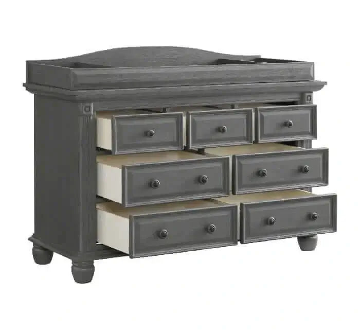 London Lane 7 Drawer Dresser - Inclined Side View of Open Drawer London Lane 7 Drawer Dresser Artic Gray with Changing Topper