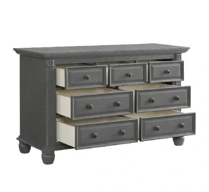 London Lane 7 Drawer Dresser - Inclined Side View of Open Drawer London Lane 7 Drawer Dresser Artic Gray