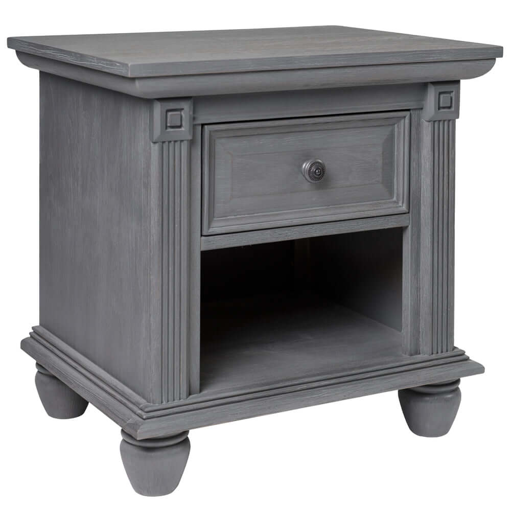 London Lane 1-Drawer Nightstand - Inclined Side View of London Lane 1-Drawer Nightstand Arctic Gray