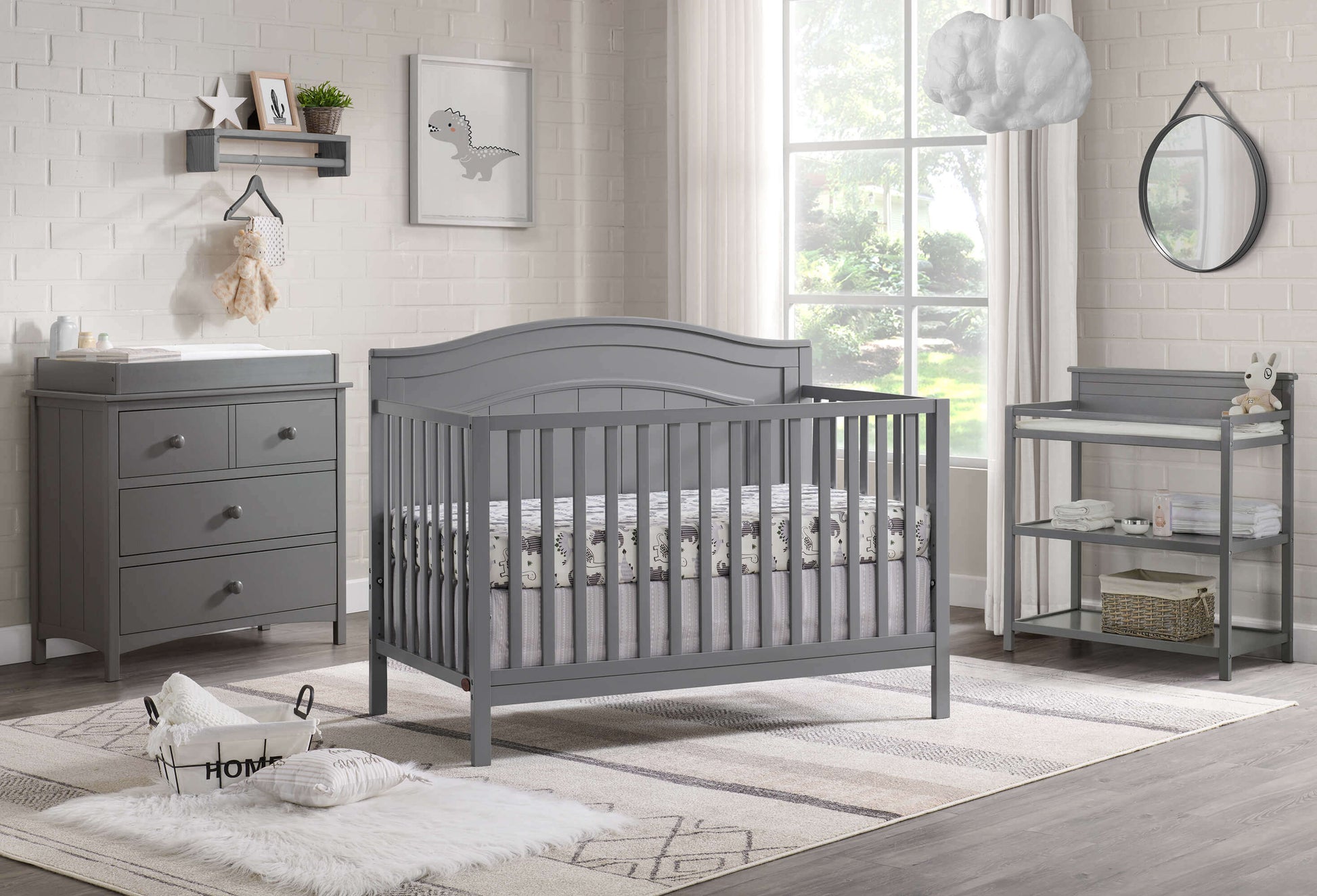 Nolan 4 in 1 Convertible Crib - Lifestyle Image Inclined Side View of Nolan 4 in 1 Convertible Crib Dove Gray