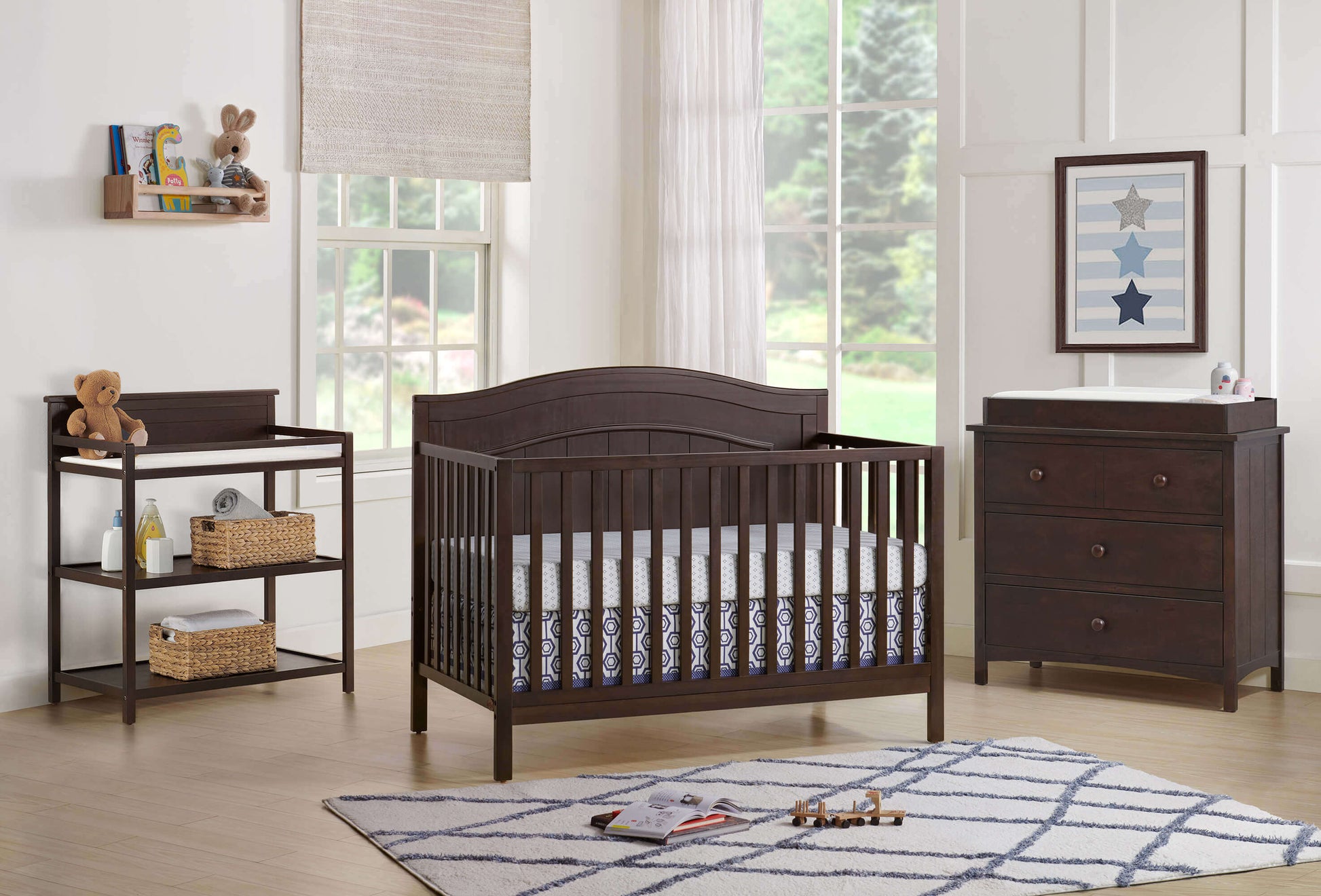 Nolan 4 in 1 Convertible Crib - Lifestyle Image Inclined Side View of Nolan 4 in 1 Convertible Crib Espresso