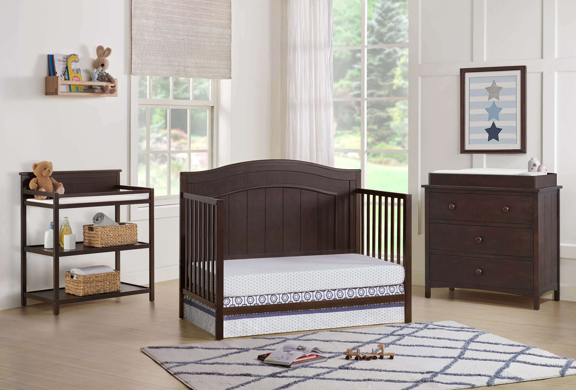 Nolan 4 in 1 Convertible Crib - Lifestyle Image Inclined Side View of Nolan Daybed Espresso