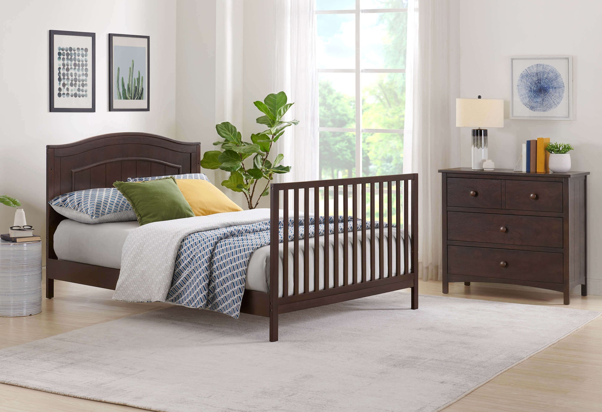 Nolan 4 in 1 Convertible Crib - Lifestyle Image Inclined Side View of Nolan Full Sized Bed Espresso