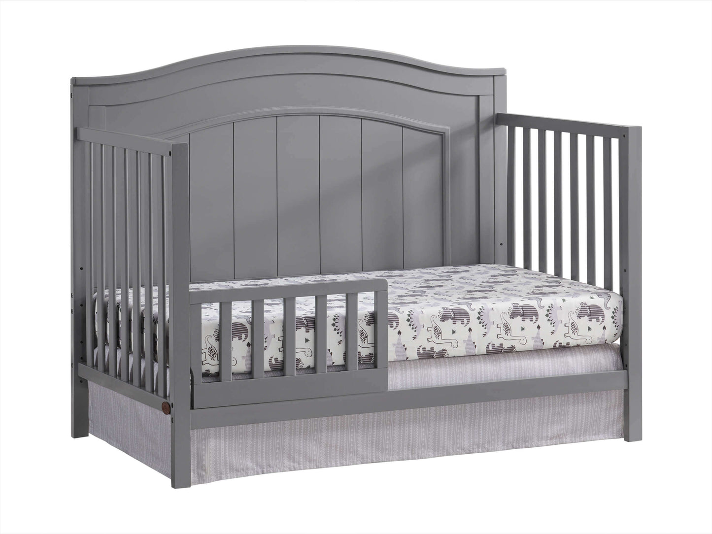 Nolan 4 in 1 Convertible Crib - Inclined Side View of Nolan 4 in 1 Convertible Crib Dove Gray with Guard Rail
