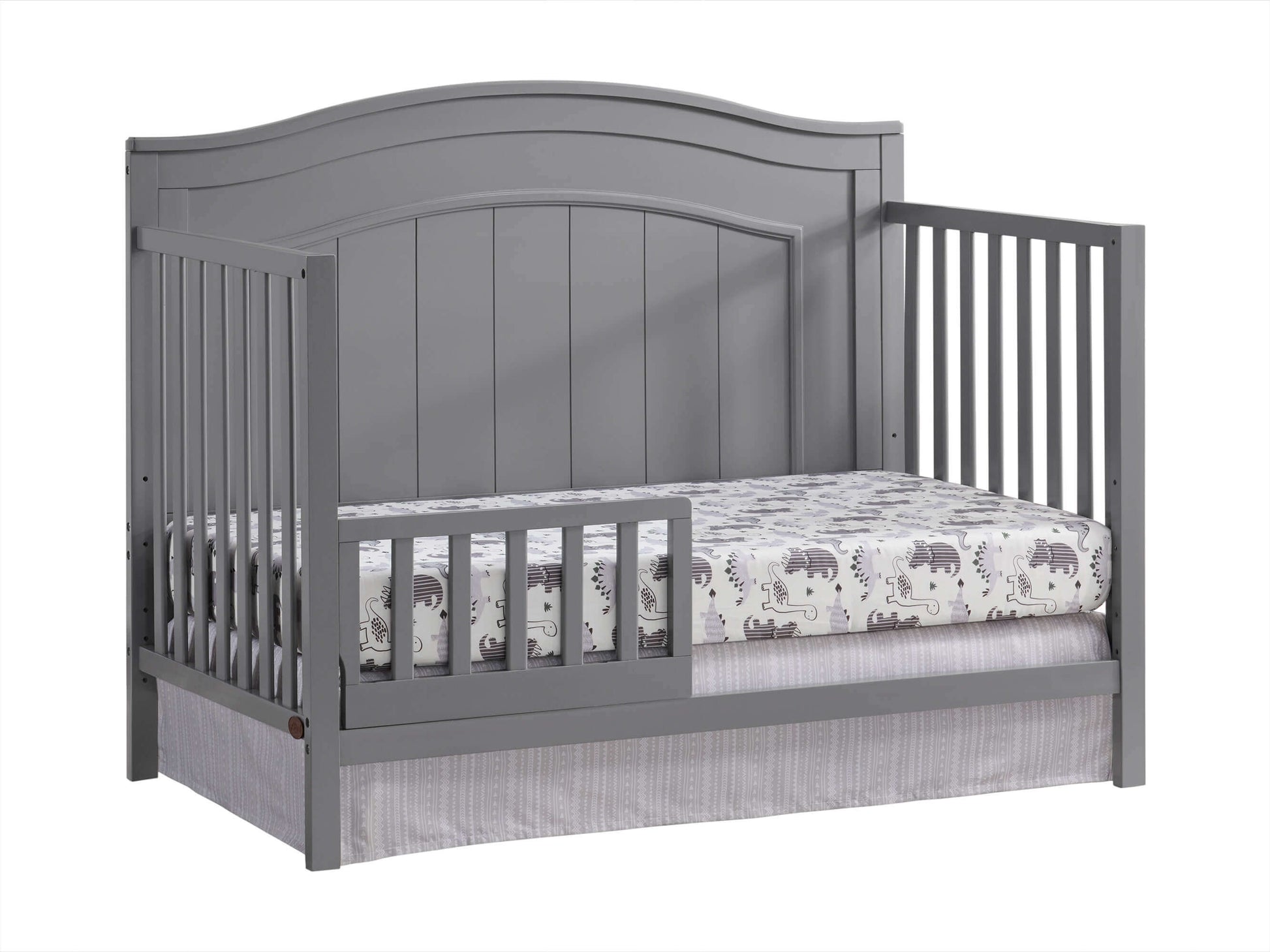 Nolan 4 in 1 Convertible Crib - Inclined Side View of Nolan 4 in 1 Convertible Crib Dove Gray with Guard Rail