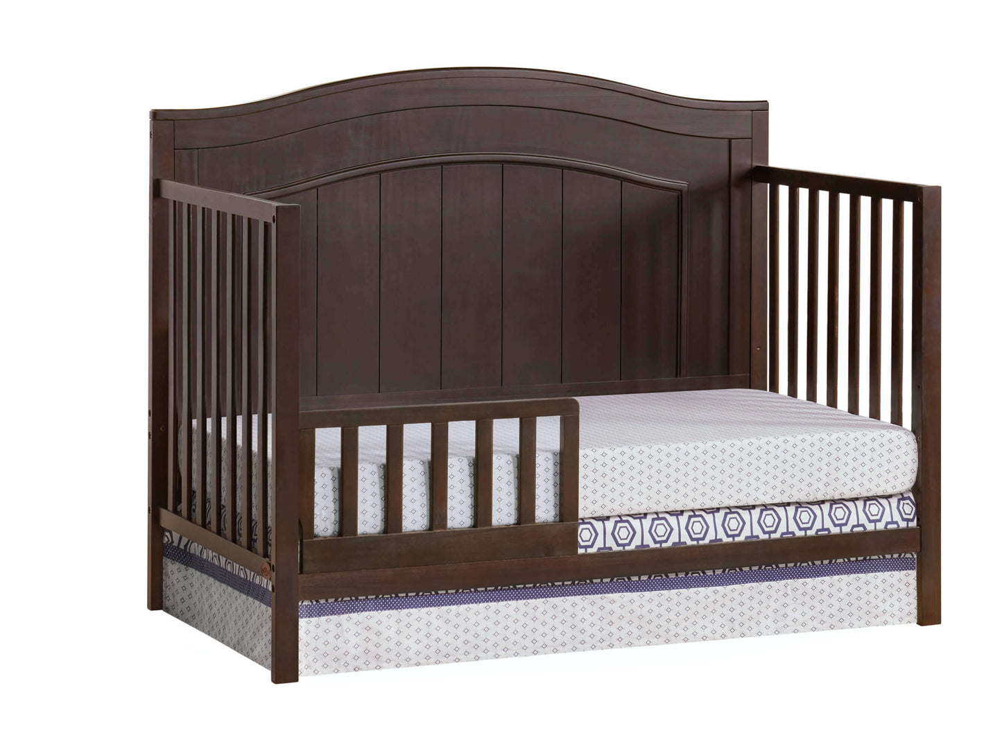 Nolan 4 in 1 Convertible Crib - Inclined Side View of Nolan 4 in 1 Convertible Crib Espresso with Guard Rail