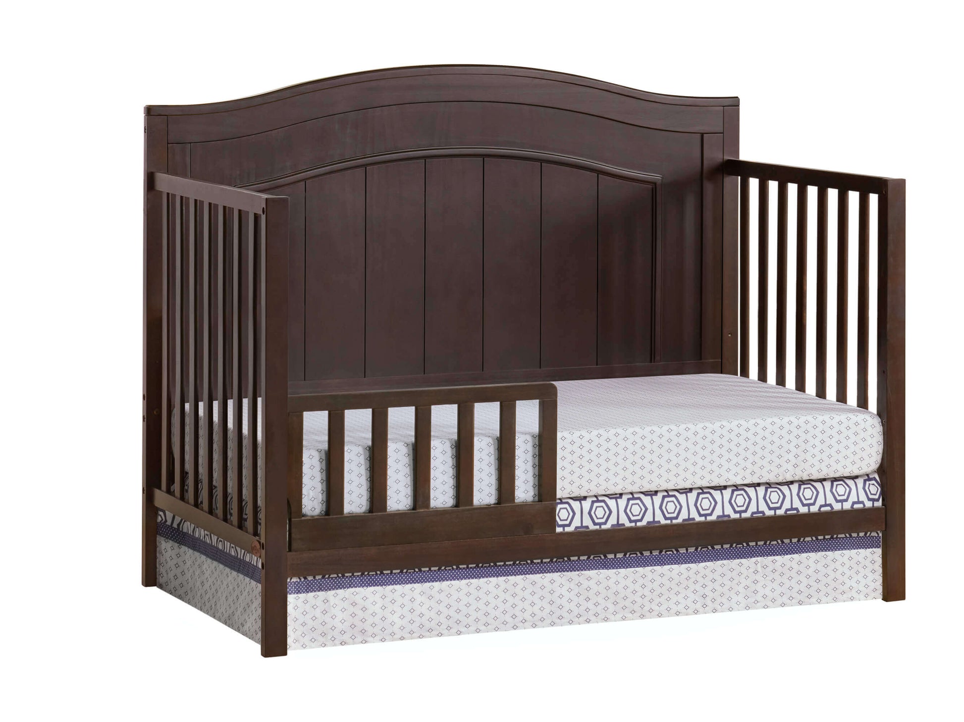 Nolan 4 in 1 Convertible Crib - Inclined Side View of Nolan 4 in 1 Convertible Crib Espresso with Guard Rail