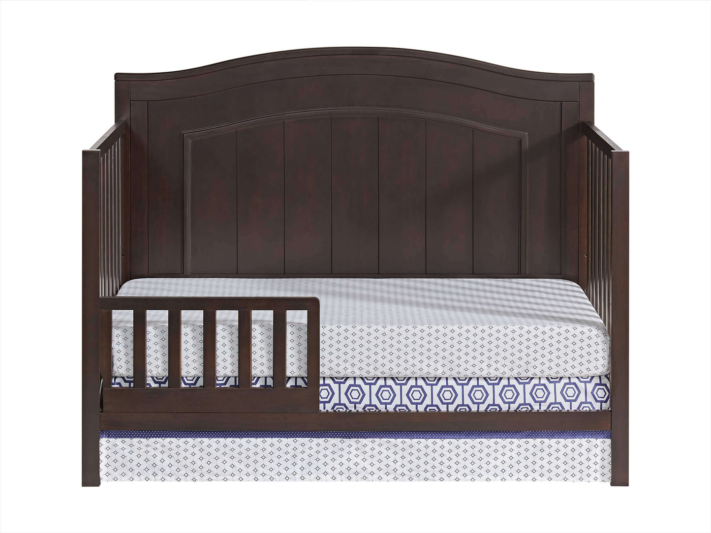 Nolan 4 in 1 Convertible Crib - Inclined Side View of Nolan 4 in 1 Convertible Crib Espresso  with Guard Rail