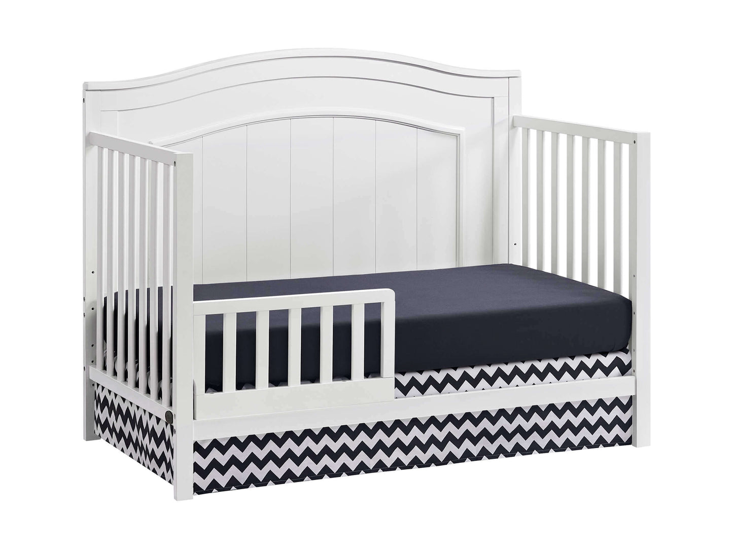 Nolan 4 in 1 Convertible Crib - Inclined Side View of Nolan 4 in 1 Convertible Crib Snow White with Guard Rail
